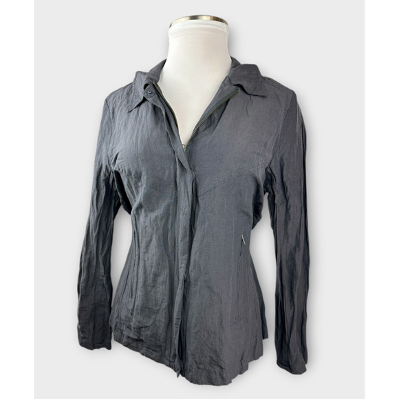 Eileen Fisher Grey Metallic Shimmer Crinkle Full Zip Jacket Long Sleeve Large - Picture 15 of 16